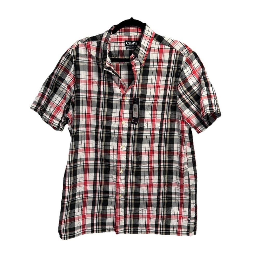 New‎ Chaps Performance Shirt Mens Medium Button Up Red Plaid Short Sleeve $55